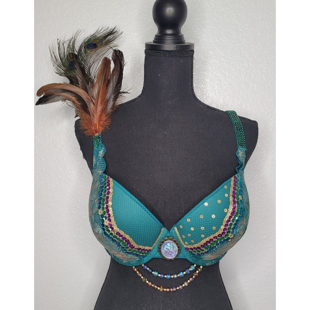 Auden 36DD‎ Festival Peacock Bra Sequins Belly Dancing Festy Cameo Beaded WOW